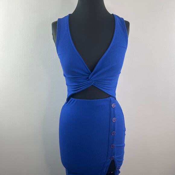 Fore Royal Blue Cutout Midi Dress Ribbed Plunge Neck Party/Cocktail Size X-Small - Picture 2 of 9